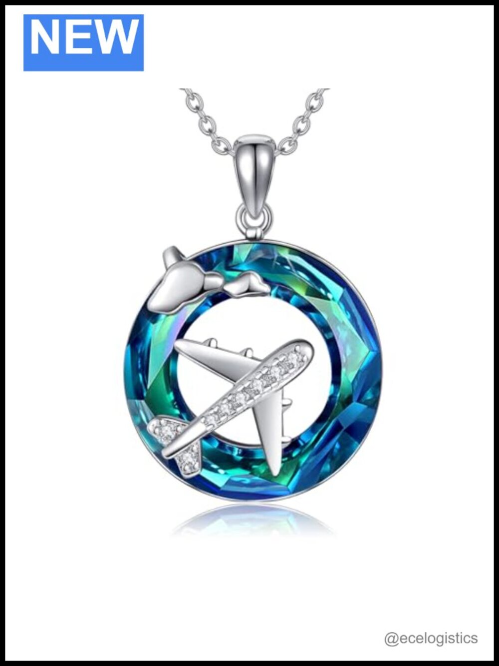 Sterling Silver Airplane Pendant Necklace with Crystals, Travel Adventure